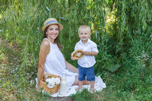 Mujer y su hijo de picnic en el parque de verano —  Fotos de Stock