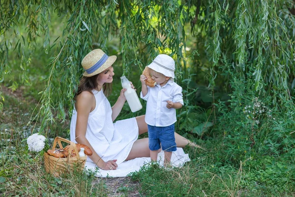 Mujer y su hijo de picnic en el parque de verano —  Fotos de Stock