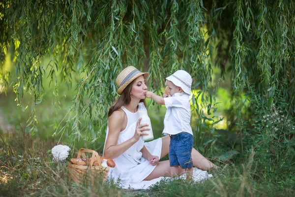 Donna e suo figlio fare un picnic nel parco estivo — Foto Stock