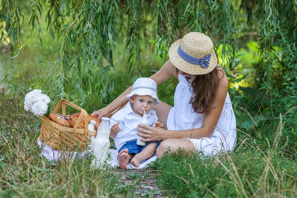 Donna e suo figlio fare un picnic nel parco estivo — Foto Stock