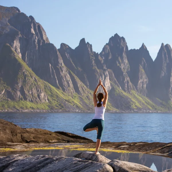 若い女性は、ノルウェーの山々 の間のヨガを練習します。 — ストック写真