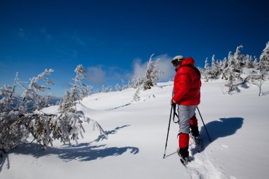 Kış dağlarında yürüyüş yapan