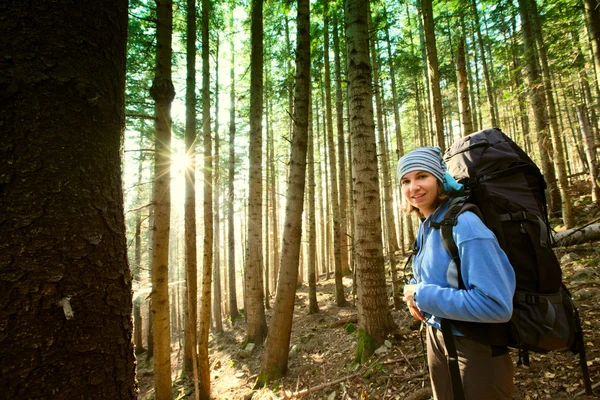 Wandelaar wandelen in de herfst bergen — Stockfoto