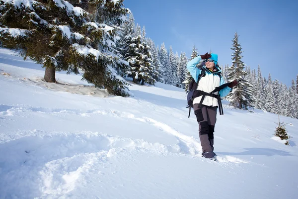 Természetjáró keresi az utat a hó erdő térképen — Stock Fotó