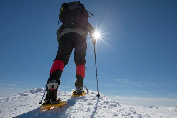 徒步旅行者在冬天山雪地行走在阳光灿烂的日子 — 图库照片