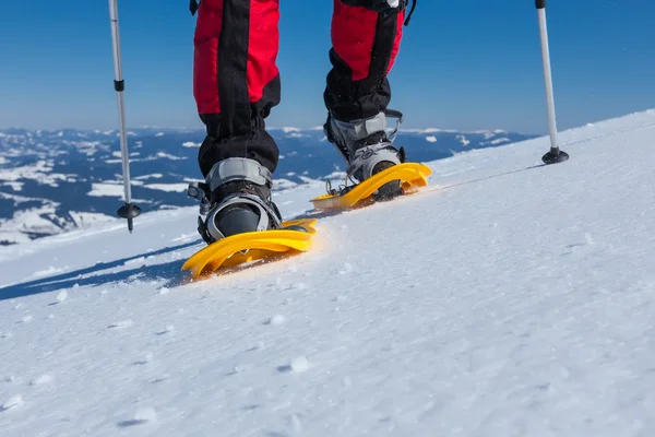 Caminante raquetas de nieve en las montañas de invierno durante el día soleado — Foto de Stock