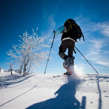 uzun yürüyüşe çıkan kimse kış Dağları snowshoeing