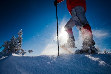 Kış dağlarında yürüyüş yapan