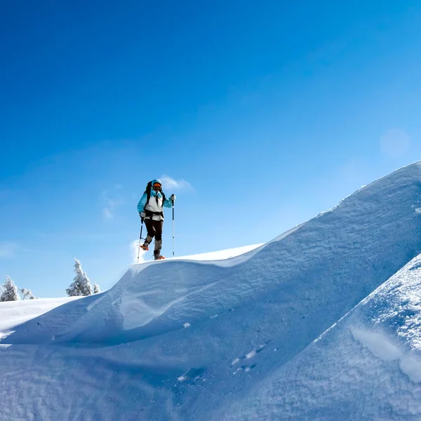 Kış dağlarında yürüyüş yapan