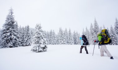 Uzun yürüyüşe çıkan kimse kış orman