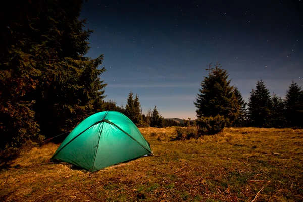 Tent illuminated with light in night forest — Stock Photo, Image