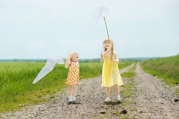 Gadis dengan jaring kupu-kupu bersenang-senang di lapangan — Stok Foto