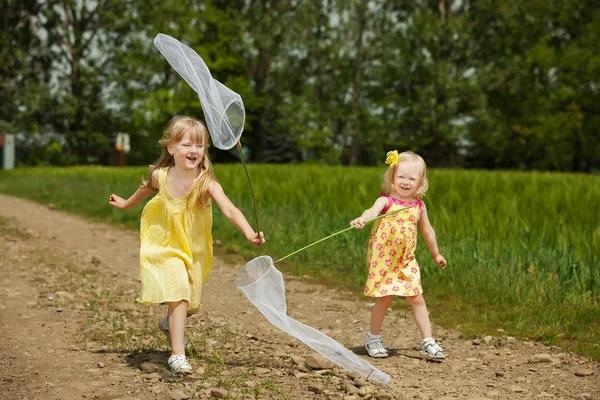 Flickor med fjärilshåv ha roligt på fältet — Stockfoto