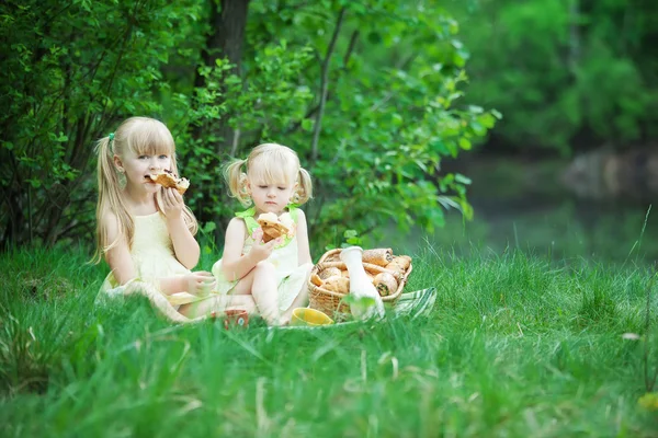 Flickor har picknick på sjön med mjölk och bullar — Stockfoto