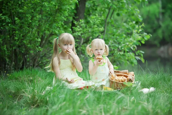 Flickor har picknick på sjön med mjölk och bullar — Stockfoto