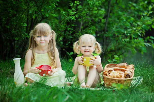 Flickor har picknick på sjön med mjölk och bullar — Stockfoto