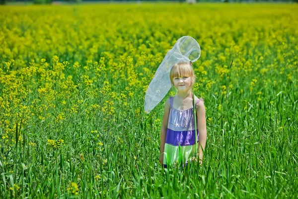 Gadis dengan jaring kupu-kupu bersenang-senang di lapangan — Stok Foto