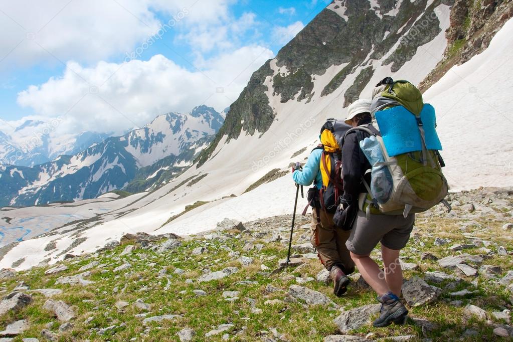 Hiker in Caucasus mountains