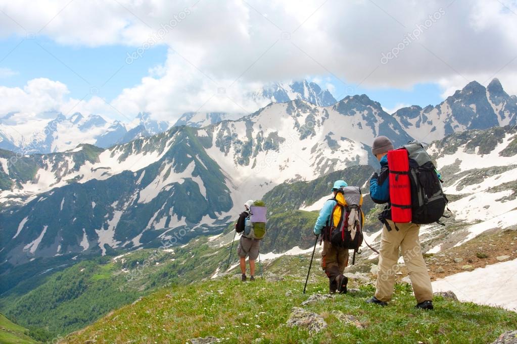 Hiker in Caucasus mountains