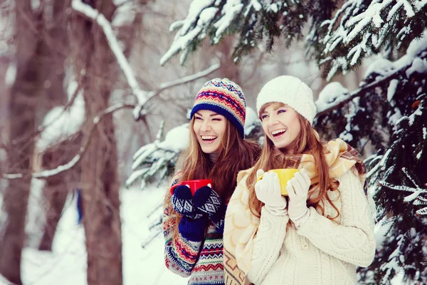 2 人の若い女性のカラフルなカップと屋外のお茶を飲むと smil — ストック写真