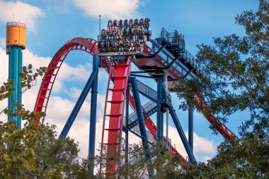 Tampa Körfezi, Florida. 29 Aralık 2020, Busch Gardens 'da insanlar Sheikra hız treninde eğleniyor.)