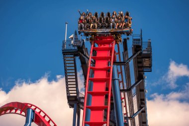 Tampa Körfezi, Florida. 29 Aralık 2020, Busch Gardens 'da insanlar Sheikra hız treninde eğleniyor.)