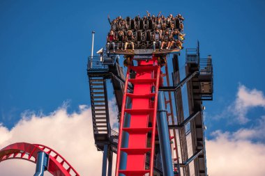Tampa Körfezi, Florida. 29 Aralık 2020, Busch Gardens 'da insanlar Sheikra hız treninde eğleniyor.)
