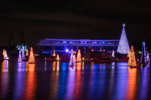 Orlando Florida Novembro 2020 Vista Panorâmica Árvores Natal Coloridas Iluminadas — Fotografia de Stock