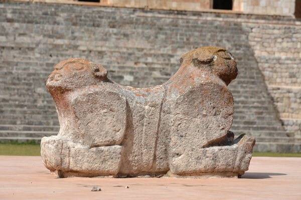 Jaguar throne and Mayan site Uxmal, Yucatan Peninsula, Mexico.