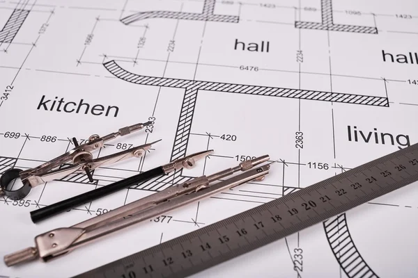 Construcción de los planos de construcción y herramientas de dibujo — Foto de Stock