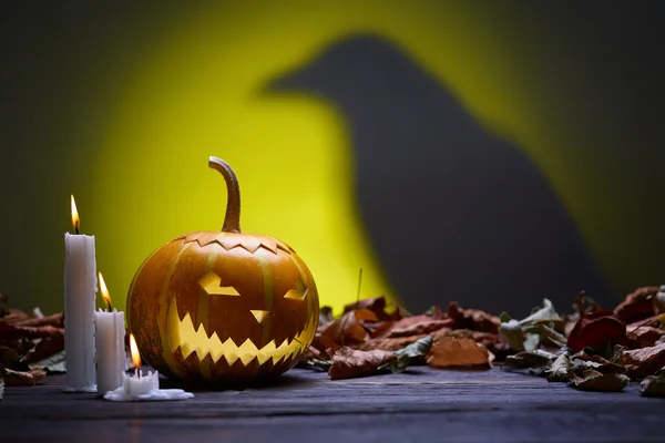 Abóboras de Halloween e a silhueta de um corvo — Fotografia de Stock