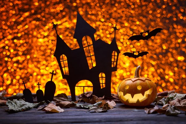 Castelo, morcego e abóboras para o Halloween — Fotografia de Stock