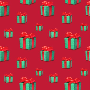 Parlak arka planda hediye kutuları. Kusursuz bir düzen, tatil konsepti. Şenlik arka planı. Düz yatıyordu.