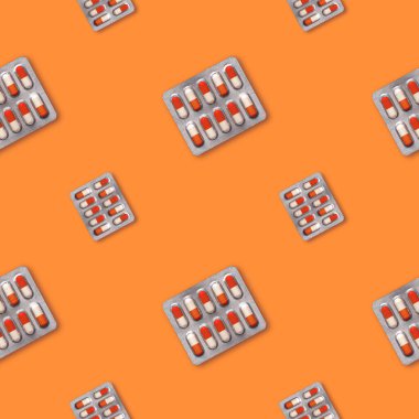 Parlak arkaplandaki kapsüllerdeki tabletler, pürüzsüz desen.