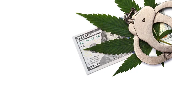 Cannabis Blad Dollar Och Handbojor Vit Bakgrund — Stockfoto