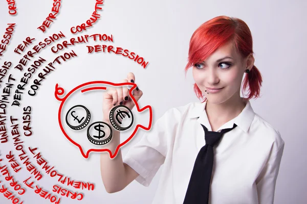 Red-haired girl paints pig piggy bank