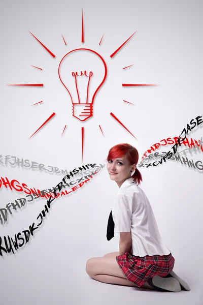 Girl in a short skirt analyzes information — Stock Photo, Image