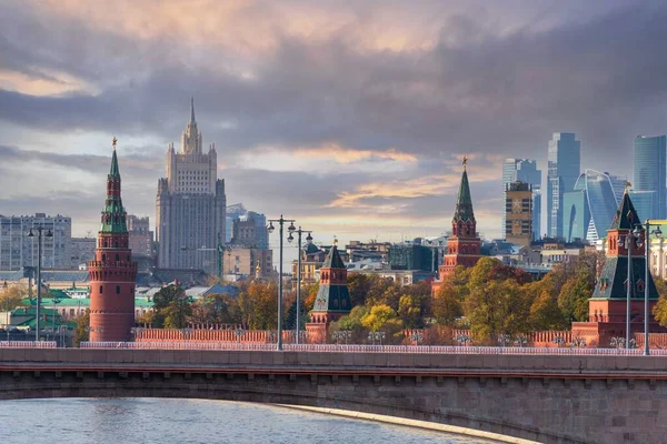 Panoramic view of Moscow skyline and Kremlin walls. Kremlevskaya naberezhnaya with Moscow International Business financial Center on background. Life before pandemic COVID-19