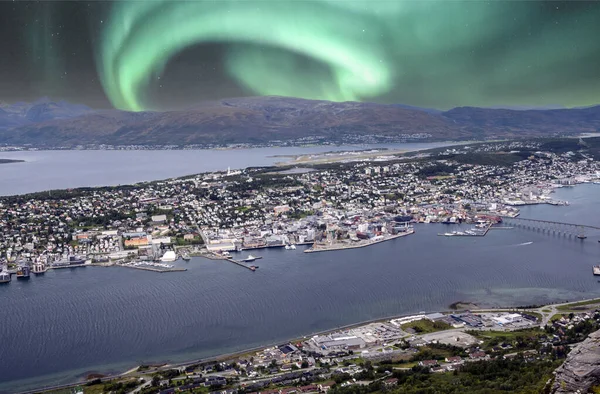 Bodo Porto Dia Nublado Norte Noruega Com Aurora Boreal Céu — Fotografia de Stock