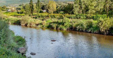Katalonya Pirenesi Dağları 'ndaki nehir doğa manzarasıyla çevrili.