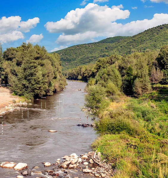 Katalonya Pirenesi Dağları 'ndaki nehir doğa manzarasıyla çevrili.