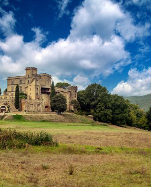 Güneşli bir günde köyle Fransa 'da çayır manzarası