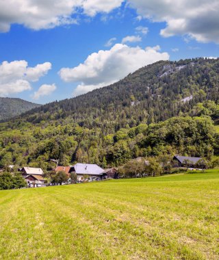 Güneşli bir günde dağlı Fransa 'nın tarlaları