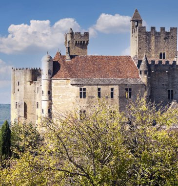 Fransa 'nın güneyindeki taştan evleriyle güneşli bir günde ortaçağ köyü Aquitaine' de.