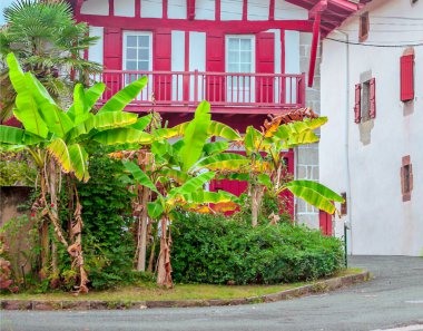 Fransa 'nın güneyindeki kırsal Ainhoa köyü bulutlu bir günde.