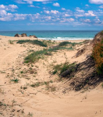 İspanya 'nın güneyindeki Conil de la Frontera sahillerinde bulutlu bir günde kumsal