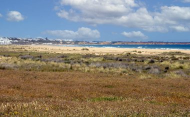 İspanya 'nın güneyindeki Conil de la Frontera sahillerinde bulutlu bir günde kumsal