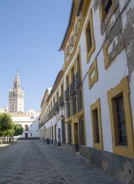 İspanya 'nın güneyinde Sevilla güneşli bir günde anıtlarıyla birlikte.