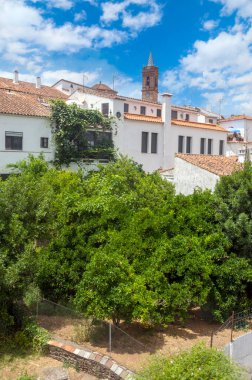 İspanya 'nın güneyindeki Sierra of Aracena' da güneşli bir günde beyaz evleri olan Fuenteheridos Caddesi.