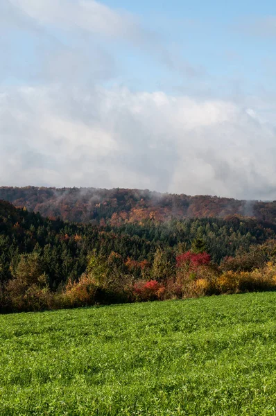 Blick Über Landwirtschaftliches Feld Auf Bewaldete Hügel Auf Der Schwäbischen — Stockfoto